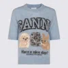 Ganni Light Blue Crewneck T-shirt With Maxi Logo Embroidery On The Front