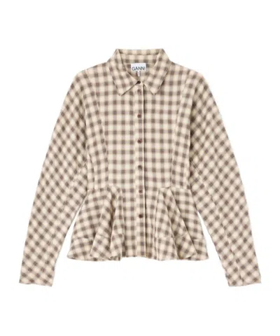Ganni Light Check Flannel Peplum Shirt In Gray