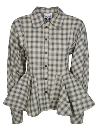 Ganni Light Check Flannel Peplum Shirt In Gray