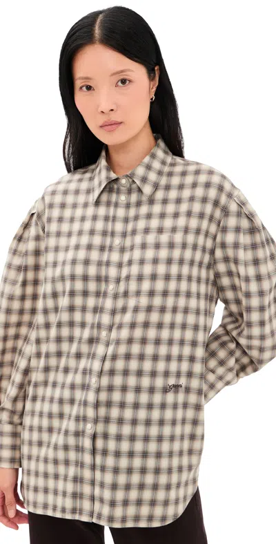 Ganni Light Check Flannel Pleated Sleeve Shirt Oyster Gray In Multi