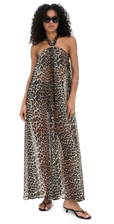 Ganni Light Chiffon Halterneck Dress Leopard In Brown