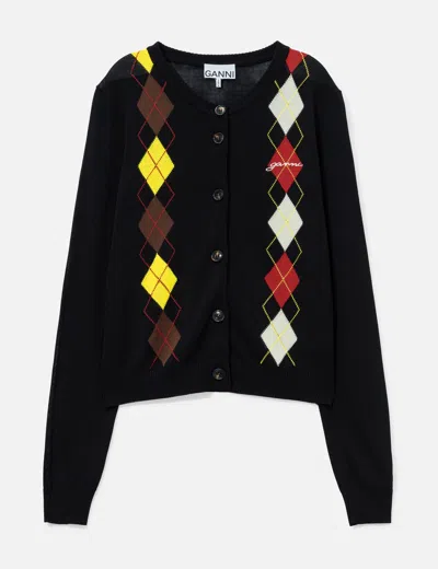 Ganni Light Cotton Argyle Cardigan In Black