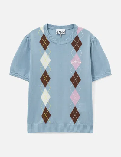 GANNI LIGHT COTTON ARGYLE T-SHIRT