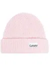 Ganni Logo-patch Ribbed-knit Beanie In Light Pink
