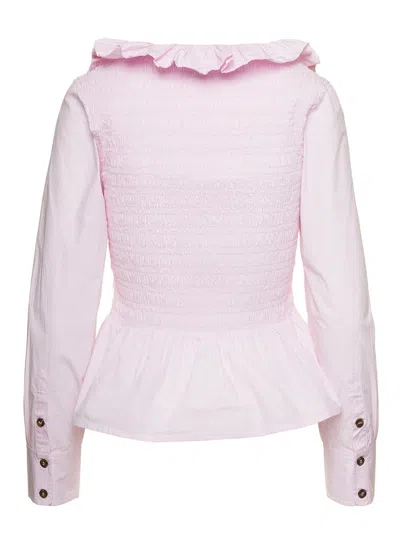 GANNI LIGHT PINK OPEN-NECK BLOUSE WITH RUFFLES IN COTTON WOMAN GANNI