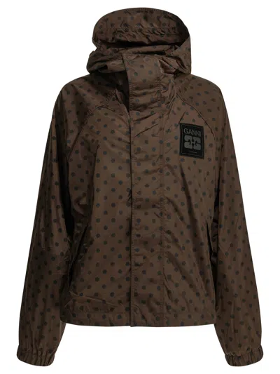 Ganni Polka Dots Hooded Jacket In Brown