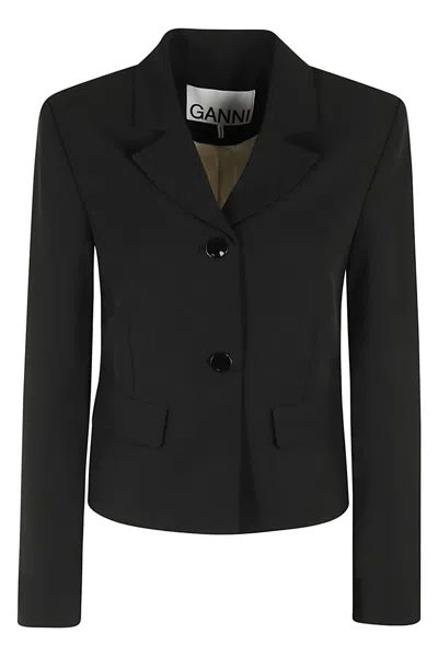 Ganni Light Twill Suiting Fitted Blazer In Black