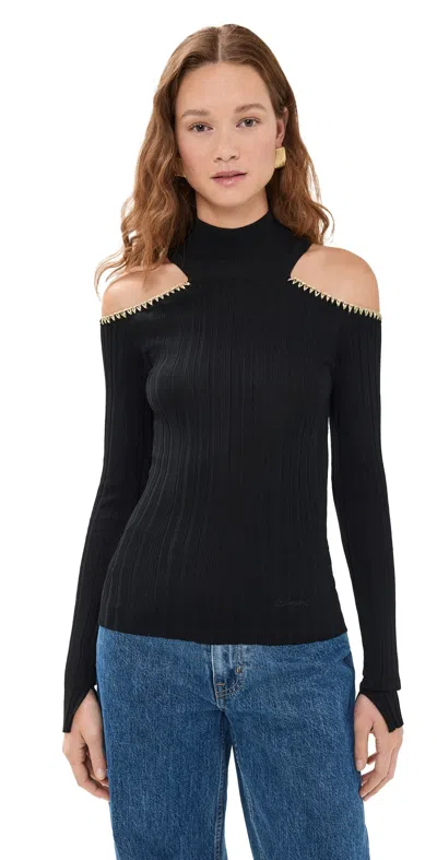 Ganni Light Viscose Rib Open Shoulder Blouse Black