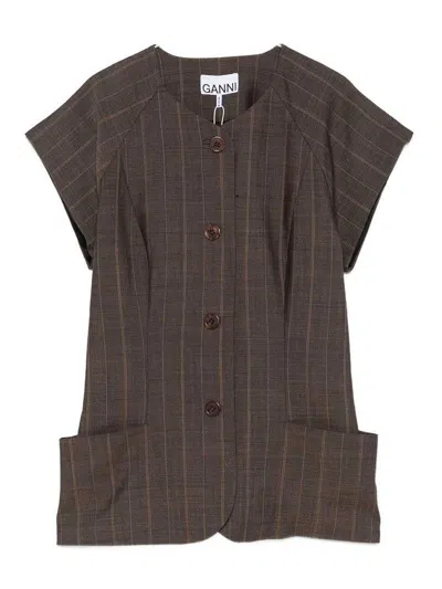 Ganni Light Wool Blouse In Dark Brown