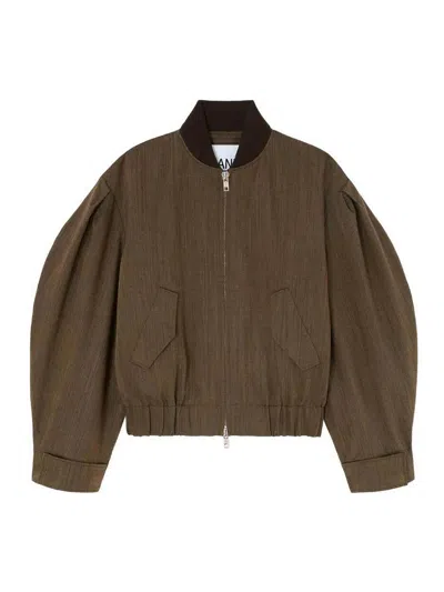Ganni Light Wool Melange Bomber Jacket In Brown
