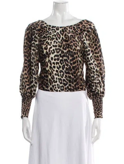 Pre-owned Ganni Linen Animal Print Blouse In Brown