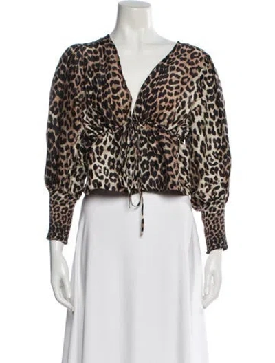 Pre-owned Ganni Linen Animal Print Blouse In Brown