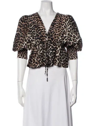Pre-owned Ganni Linen Animal Print Blouse In White