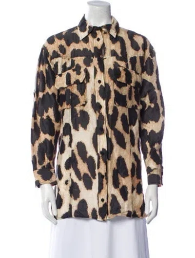 Pre-owned Ganni Linen Animal Print Button-up Top In Blue