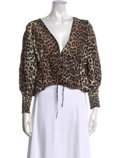 Pre-owned Ganni Linen Animal Print Top In Brown