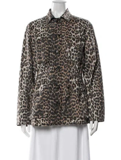 Pre-owned Ganni Linen Animal Print Utility Jacket In Brown