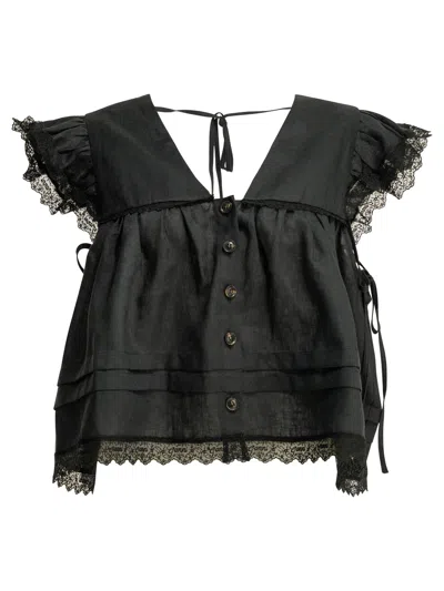 Ganni Lace-trim V-neck Linen Top In Black