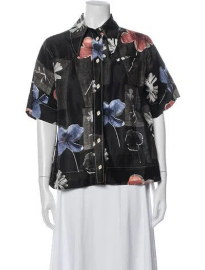Pre-owned Ganni Linen Floral Print Button-up Top In Gray