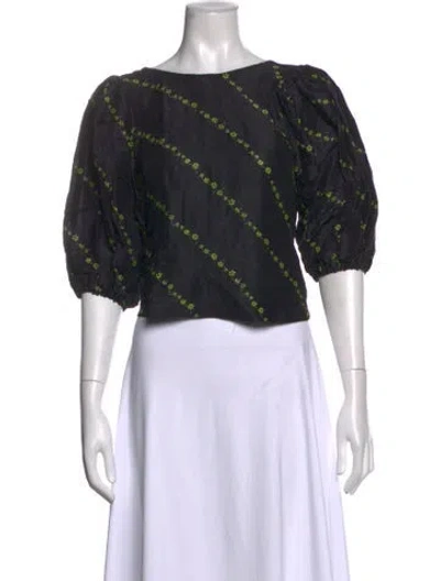 Pre-owned Ganni Linen Floral Print Top In Black