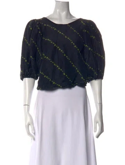 Pre-owned Ganni Linen Floral Print Top In Black