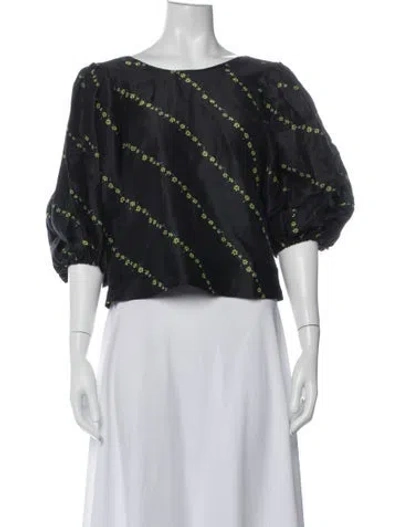 Pre-owned Ganni Linen Floral Print Top In Black