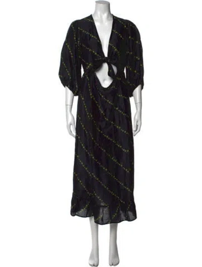 Pre-owned Ganni Linen Long Dress In Black