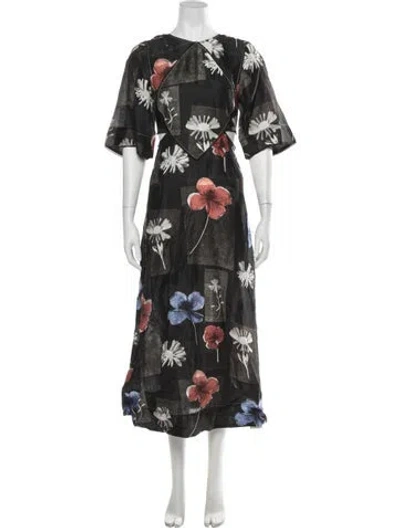 Pre-owned Ganni Linen Long Dress In Black/grey