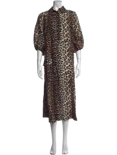Pre-owned Ganni Linen Long Dress In Brown
