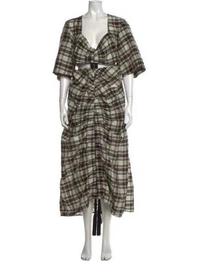 Pre-owned Ganni Linen Long Dress In Gray