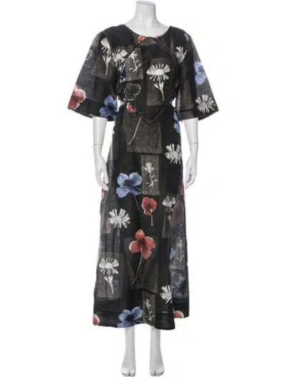 Pre-owned Ganni Linen Long Dress In Multi