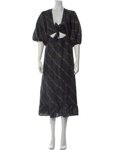 Pre-owned Ganni Linen Midi Length Dress In Black
