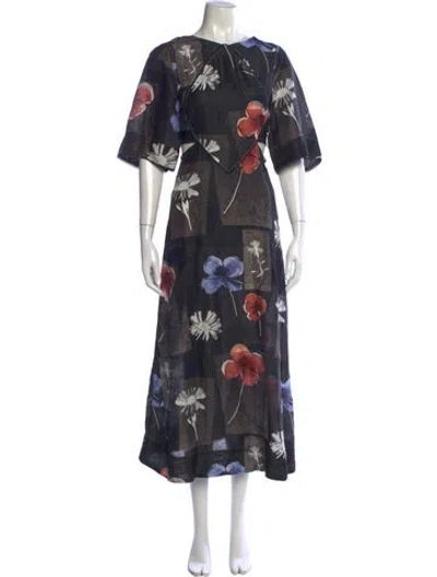 Pre-owned Ganni Linen Midi Length Dress In Black/red