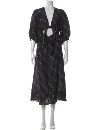 Pre-owned Ganni Linen Midi Length Dress In Blue