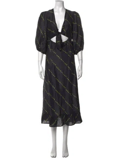 Pre-owned Ganni Linen Midi Length Dress In Multi