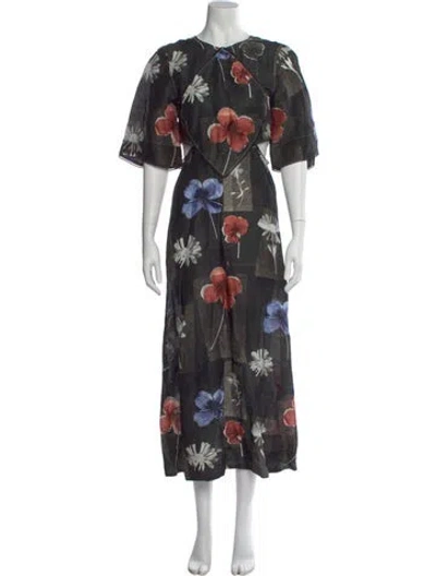 Pre-owned Ganni Linen Midi Length Dress W/ Tags In Multi