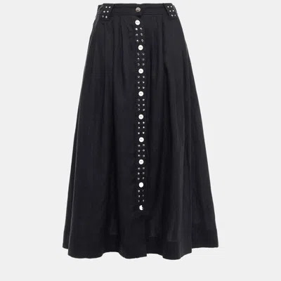 Pre-owned Ganni Linen Midi Skirt 38 In Black