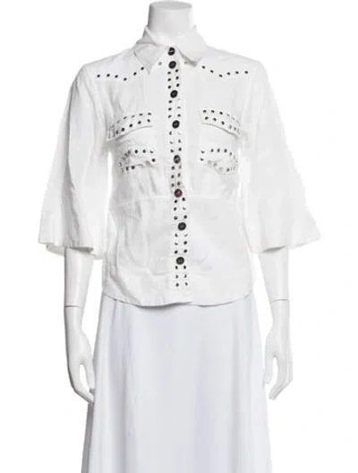 Pre-owned Ganni Linen Three-quarter Sleeve Button-up Top In White