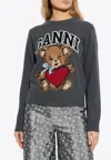 Ganni Wool Graphic Bear Crewneck Sweater In Gray