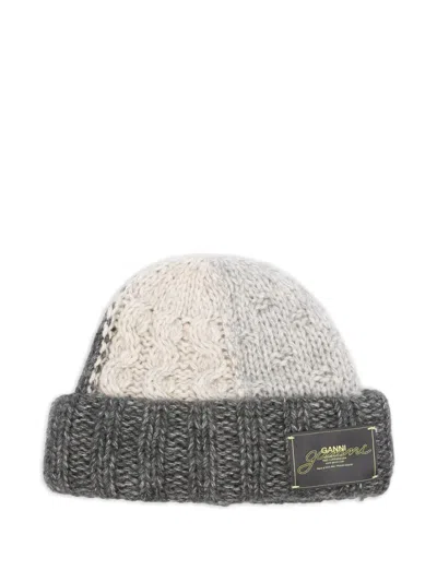 Ganni Logo-appliqué Beanie In Gray