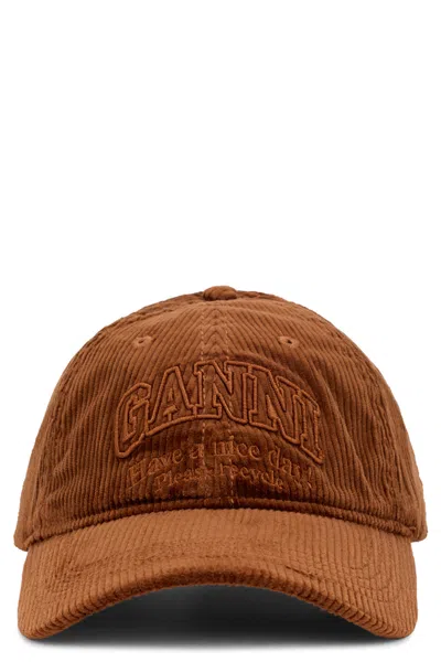 Ganni Logo Baseball Cap With Visor In Brown
