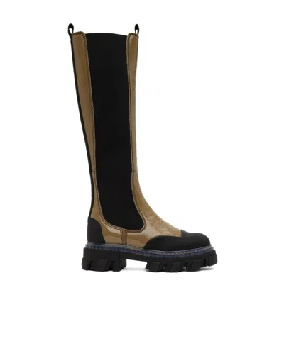 Ganni Khaki Cleated Boots In 554 Petrified Oak