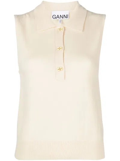 Ganni Sleeveless Polo Shirt In Beige