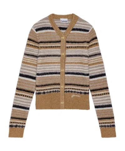 Ganni Women Cardigan With Stripe Pattern In Brown