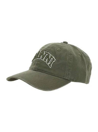 GANNI GREEN BASEBALL CAP WITH LOGO LETTERING EMBROIDERY ON THE FRONT AND LOGO PATCH ON THE REAR IN COTTON 