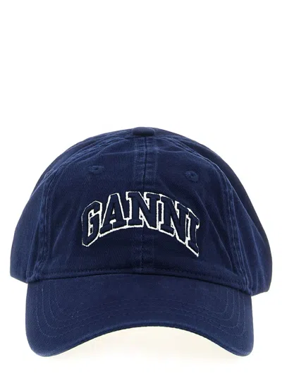 Ganni Logo Cotton Baseball Cap In Blue
