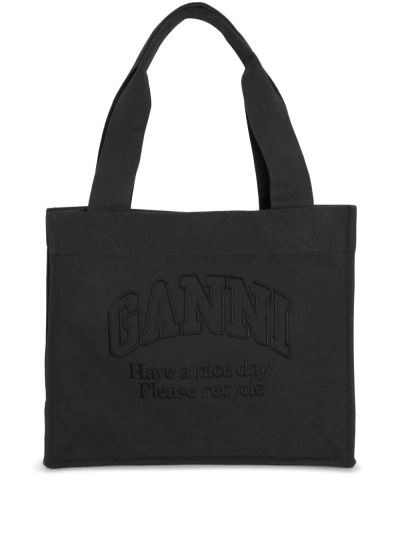 Ganni Logo Cotton Tote Bag In Black