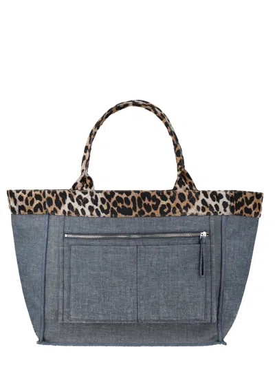 Ganni Logo Denim With Leopard Trim Tote Bag In Blue