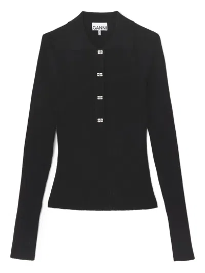Ganni Logo-detail Polo Shirt In Black