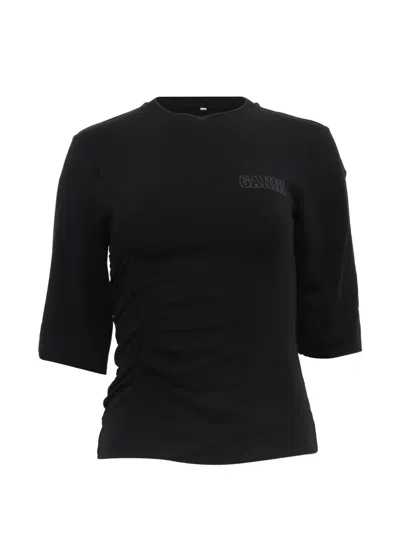 Pre-owned Ganni Logo-detail Ruched T-shirt In Black