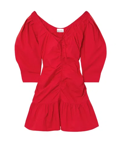 GANNI RED COTTON POPLIN GATHERED U-NECK MINI DRESS